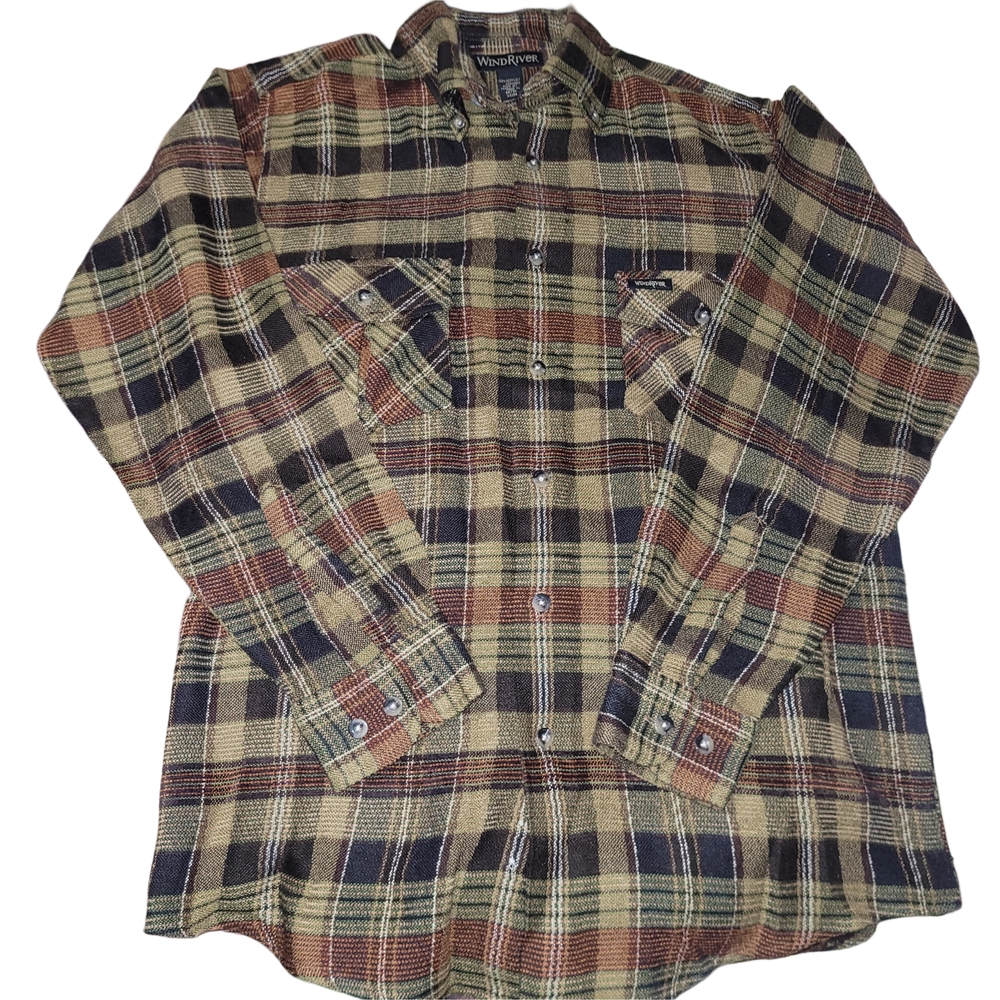 WindRiver Plaid Button-Up Flannel Shirt in Olive and Rust Size M